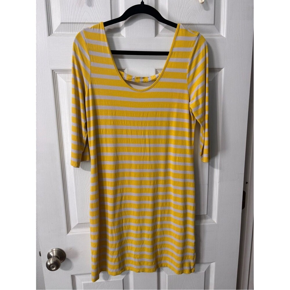 INC Size Large Yellow Striped Summer Dress Stretchy 3/4 Sleeves Low Back Casual